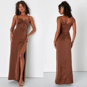 Lulus Lovely Drama Brown Satin Sleeveless A-Line Maxi Dress Wedding Party Prom